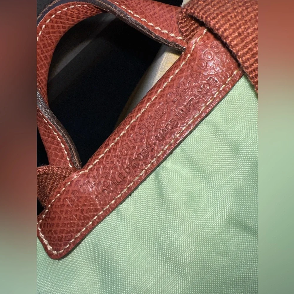 Longchamp Le Pliage Original Foldable Backpack Pretty Green with Brown Leather - Picture 8 of 16